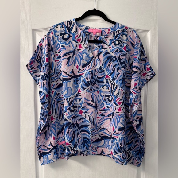 Simply Southern Palm Leaves Print Drape Blouse Blue - Picture 3 of 9